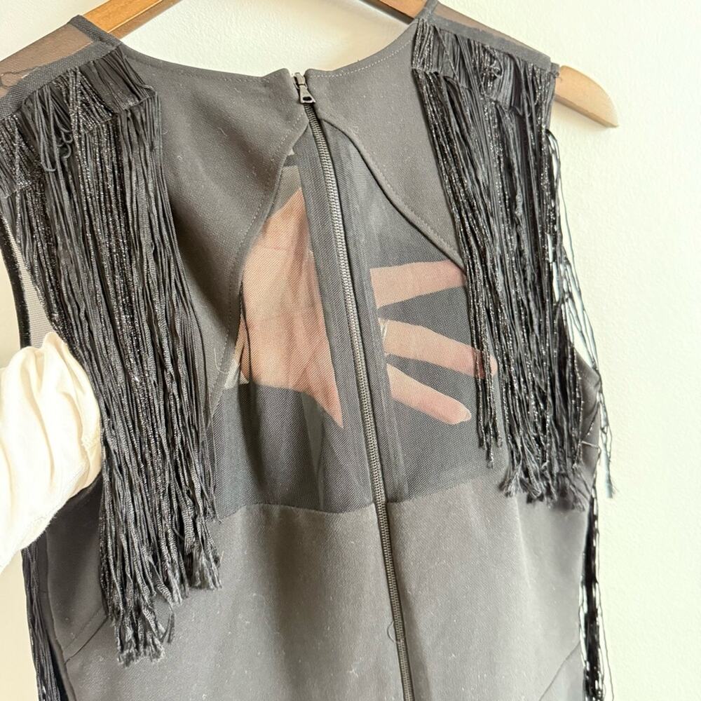 Sandro Paris | Women’s Black Deep V-Neck Mesh & Tassels Fringe Sleeveless Dress - Picture 7 of 14